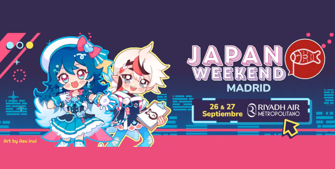 Banner oficial de Japan Weekend Madrid con dos mascotas de estilo chibi y los datos del evento: 26 y 27 de septiembre, Riyadh Air Metropolitano
