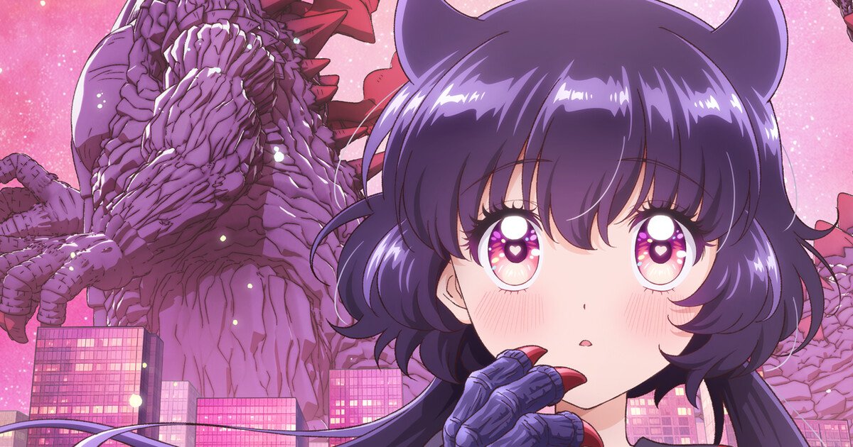Imagen clave del anime de Kaiju Girl Caramelise: Kuroe en primer plano con el kaiju Harugon alzándose sobre una ciudad en tonos rosados