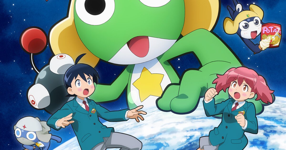 Imagen clave del nuevo anime de Keroro Gunsō: Keroro flota sobre la Tierra junto a dos estudiantes humanos y varios miembros de su pelotón