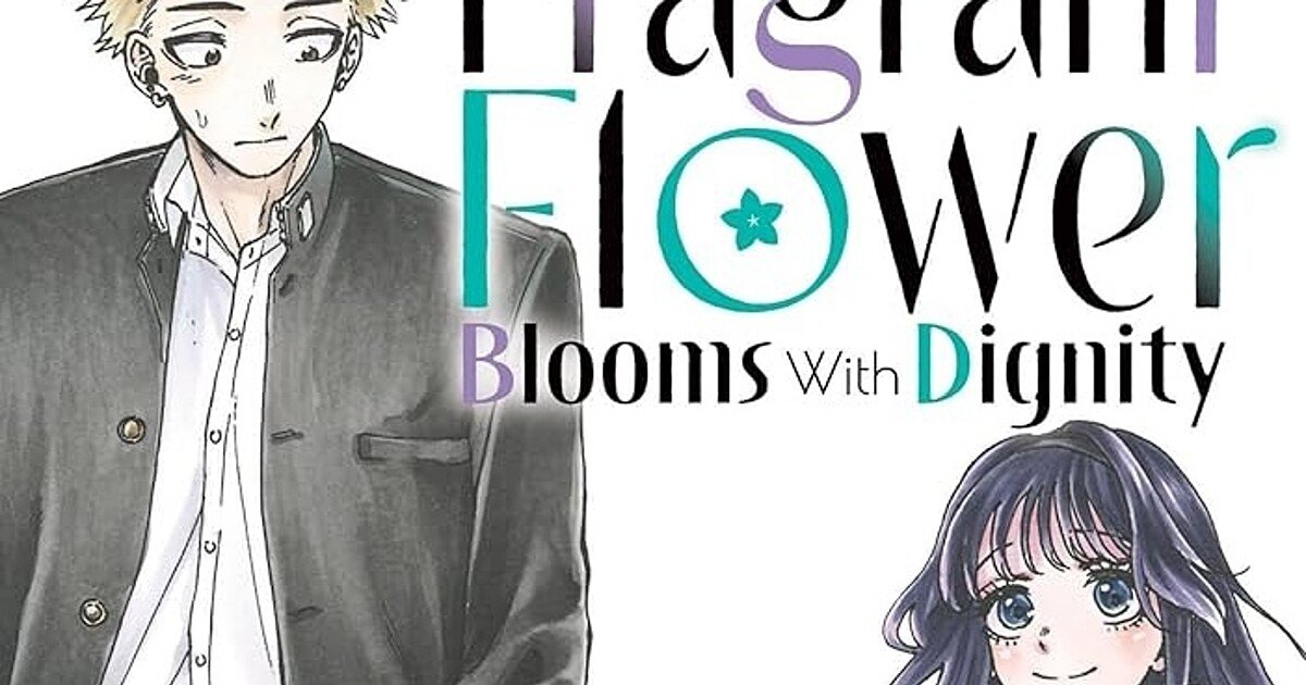 Portada en inglés de The Fragrant Flower Blooms with Dignity, con Rintarō de uniforme escolar y Kaoruko sonriendo en la esquina inferior